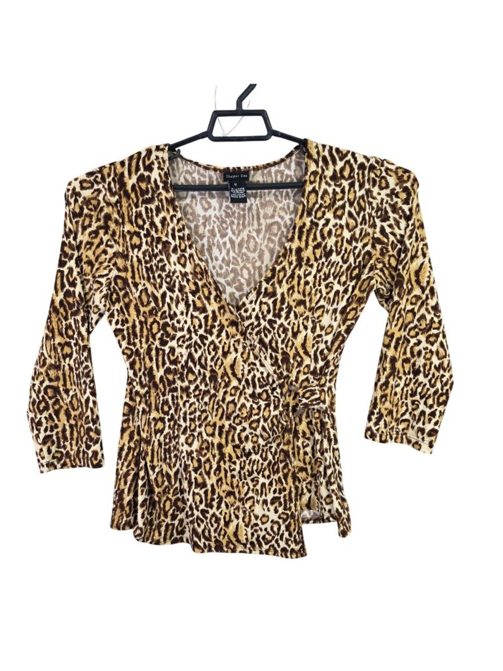Womens Chapter One Brown Animal Print V-Neck Faux-Wrap Blouse 3/4 sleeves Size M